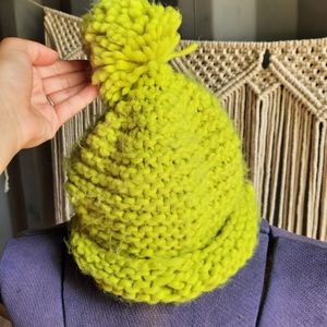 Oversized chunky knit pompom beanie, winter hat. Highlighter yellow.